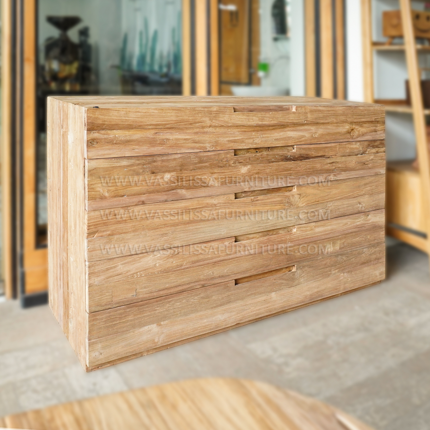 Recycled teak wood Japandi buffet with five drawers by Indonesian furniture manufacturers