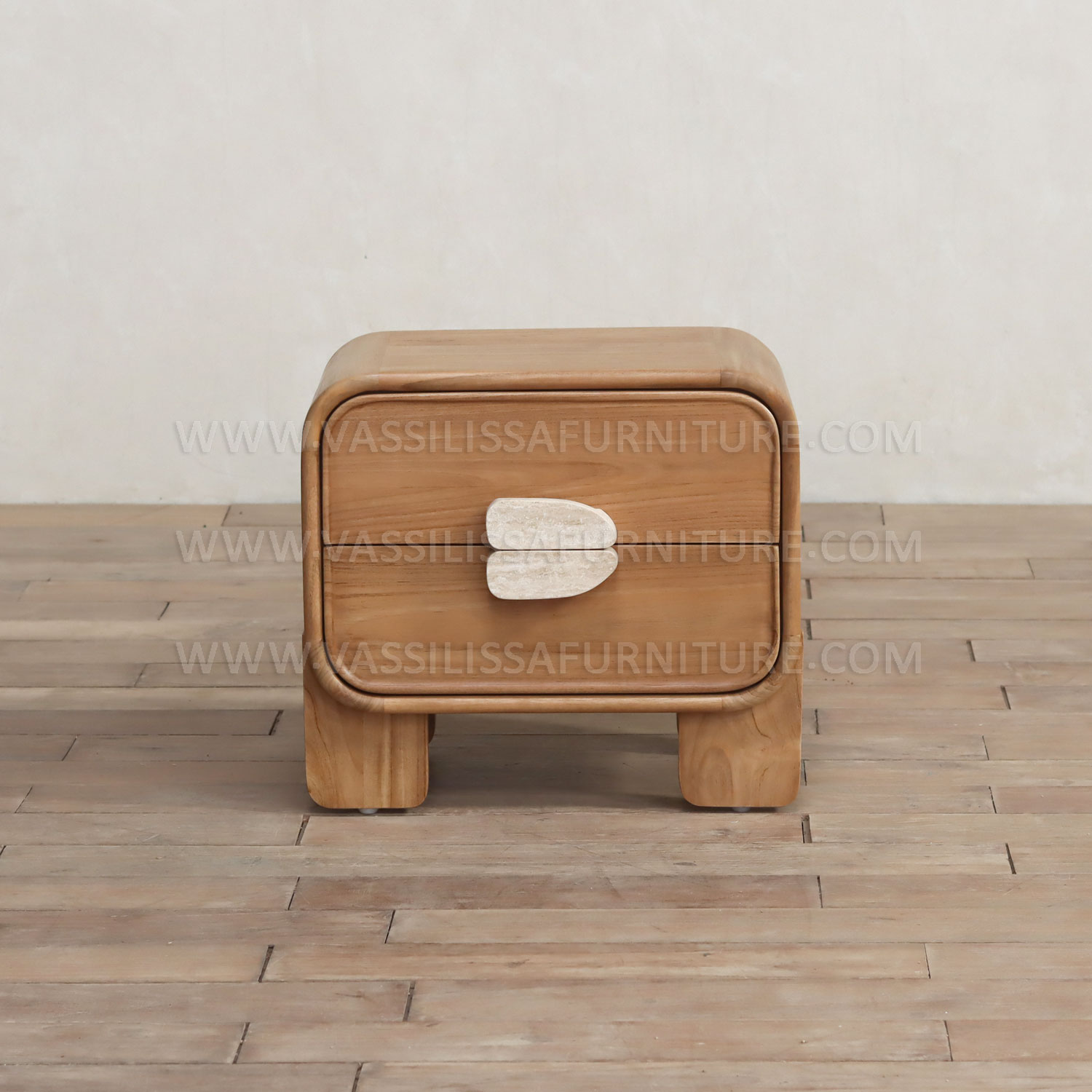 Alroy modern wooden bedside table with travertine handles and two drawers | natural finish contemporary nightstand for luxury interiors
