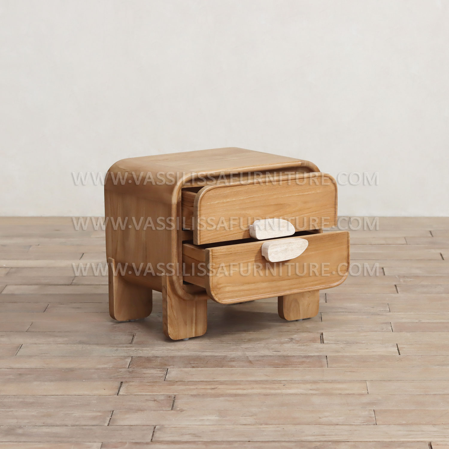 Alroy modern wooden bedside table with travertine handles and two drawers | natural finish contemporary nightstand for luxury interiors