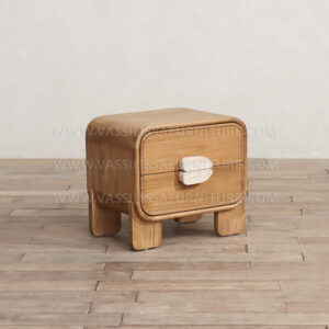 Alroy modern wooden bedside table with travertine handles and two drawers | natural finish contemporary nightstand for luxury interiors