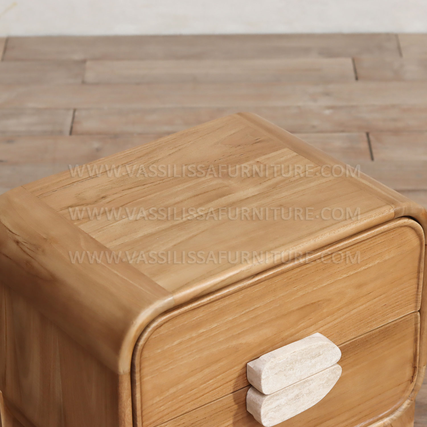 Alroy modern wooden bedside table with travertine handles and two drawers | natural finish contemporary nightstand for luxury interiors