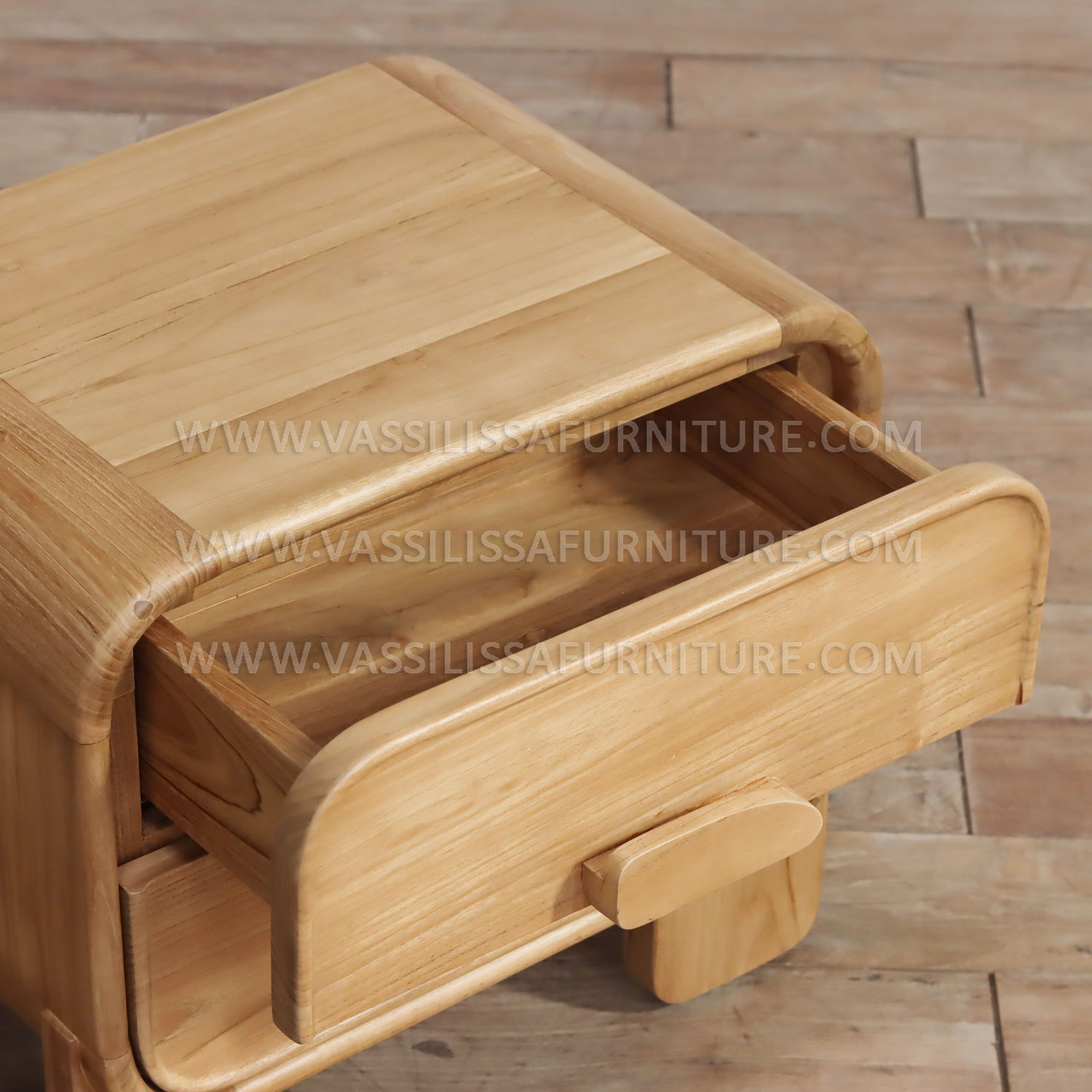 Alroy wooden handle bedside nightstand with two drawers | all-wood furniture design sculptural bedroom table