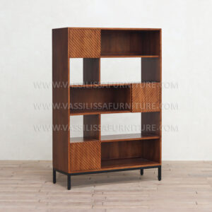 Vesper Nook modular bookshelf Salak Muda wood with open shelves and cabinet doors | geometric storage design contemporary living room furniture
