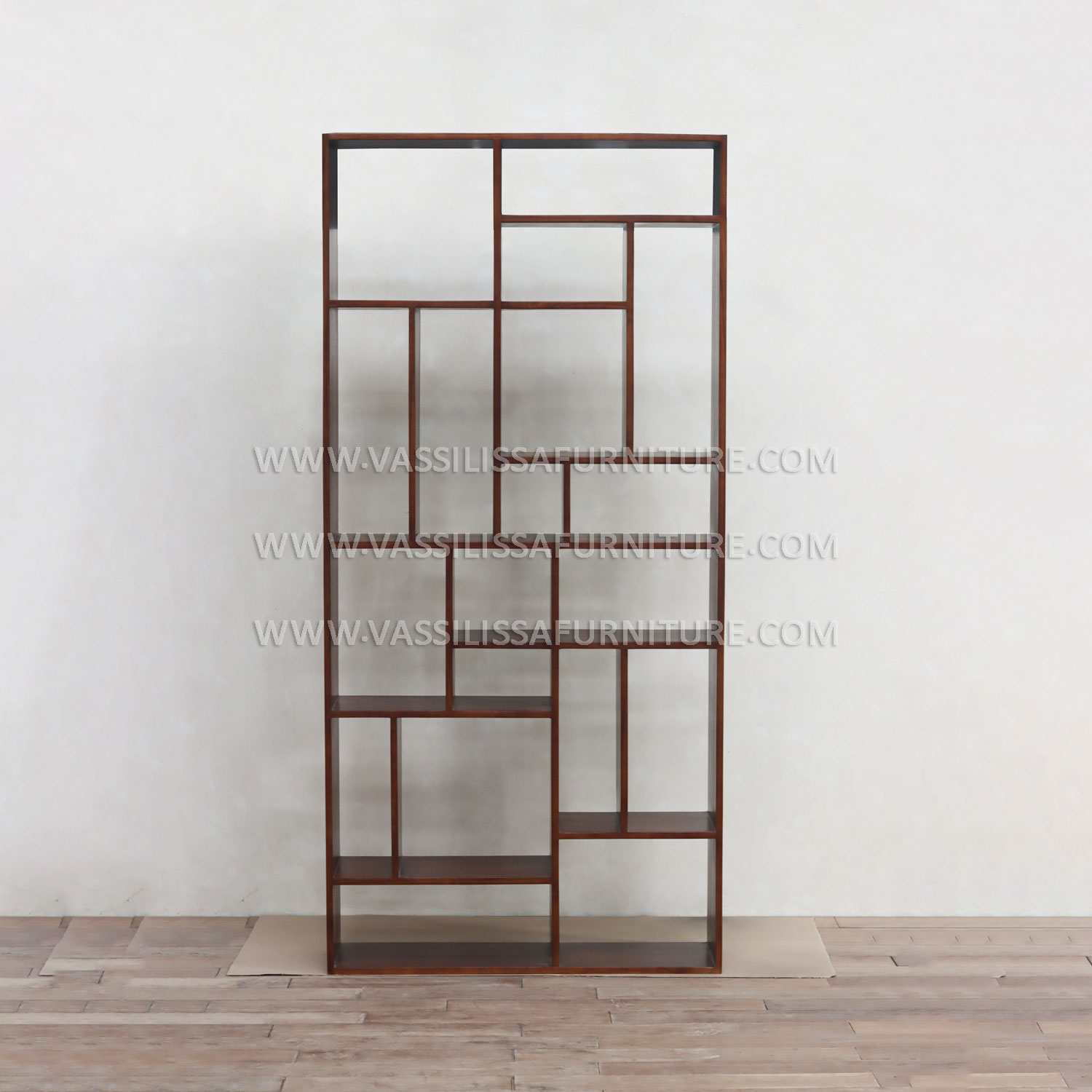 Emilia tall walnut bookcase with asymmetrical modular compartments | contemporary sculptural shelving design for book display and storage