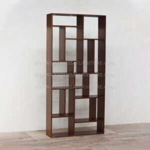 Emilia tall walnut bookcase with asymmetrical modular compartments | contemporary sculptural shelving design for book display and storage
