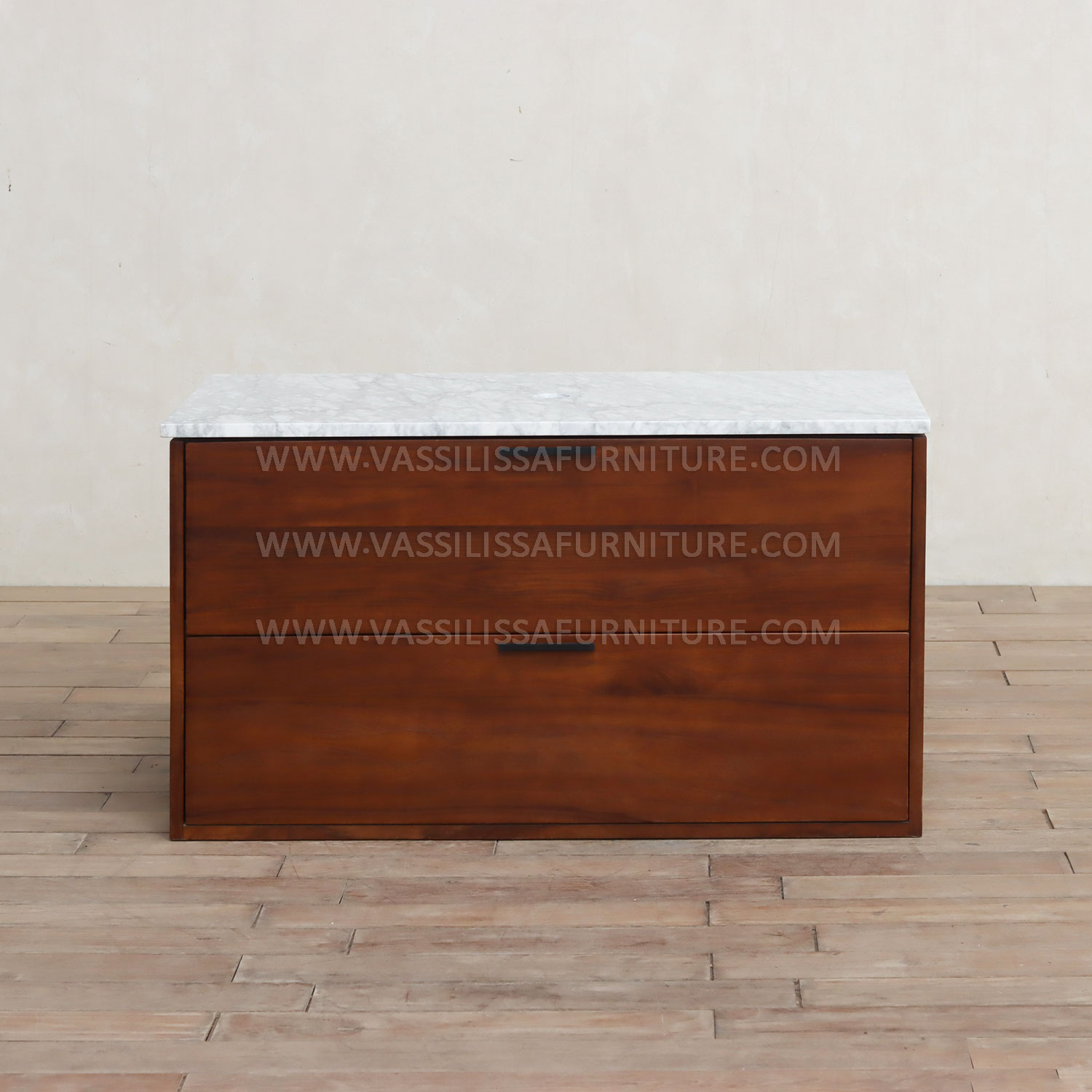Molly Modern Vanity Wall Cabinet - Walnut Wood with White Marble Countertop and Storage Drawers for Luxury Bathrooms