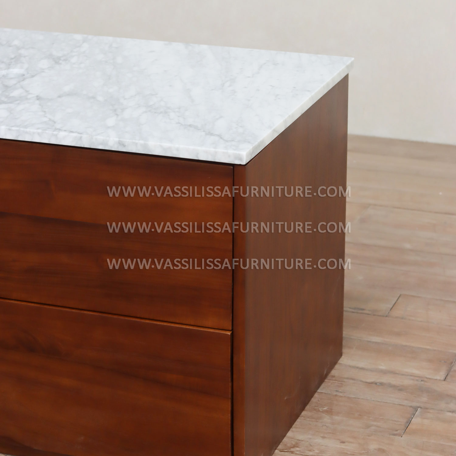 Molly Modern Vanity Wall Cabinet - Walnut Wood with White Marble Countertop and Storage Drawers for Luxury Bathrooms