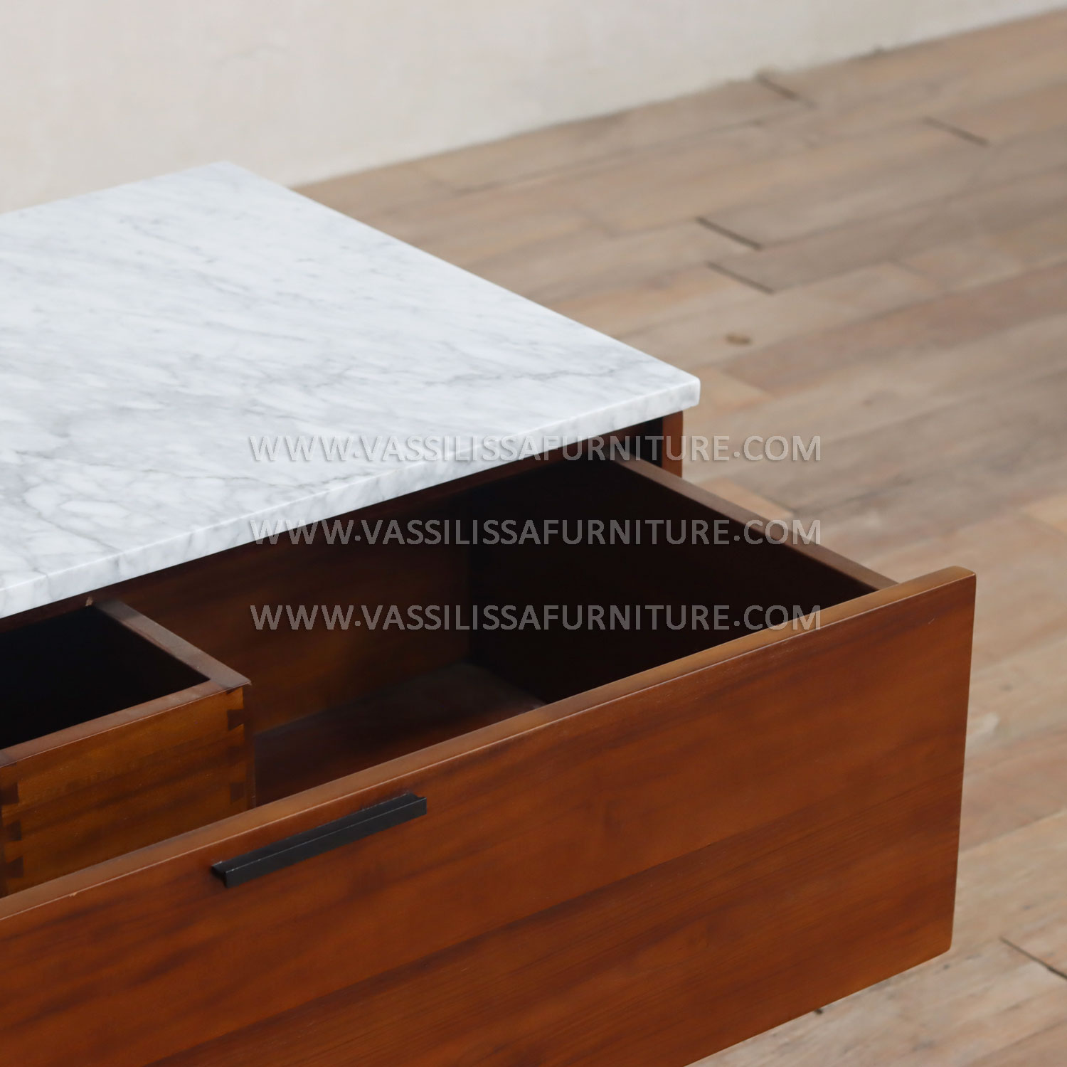 Molly Modern Vanity Wall Cabinet - Walnut Wood with White Marble Countertop and Storage Drawers for Luxury Bathrooms