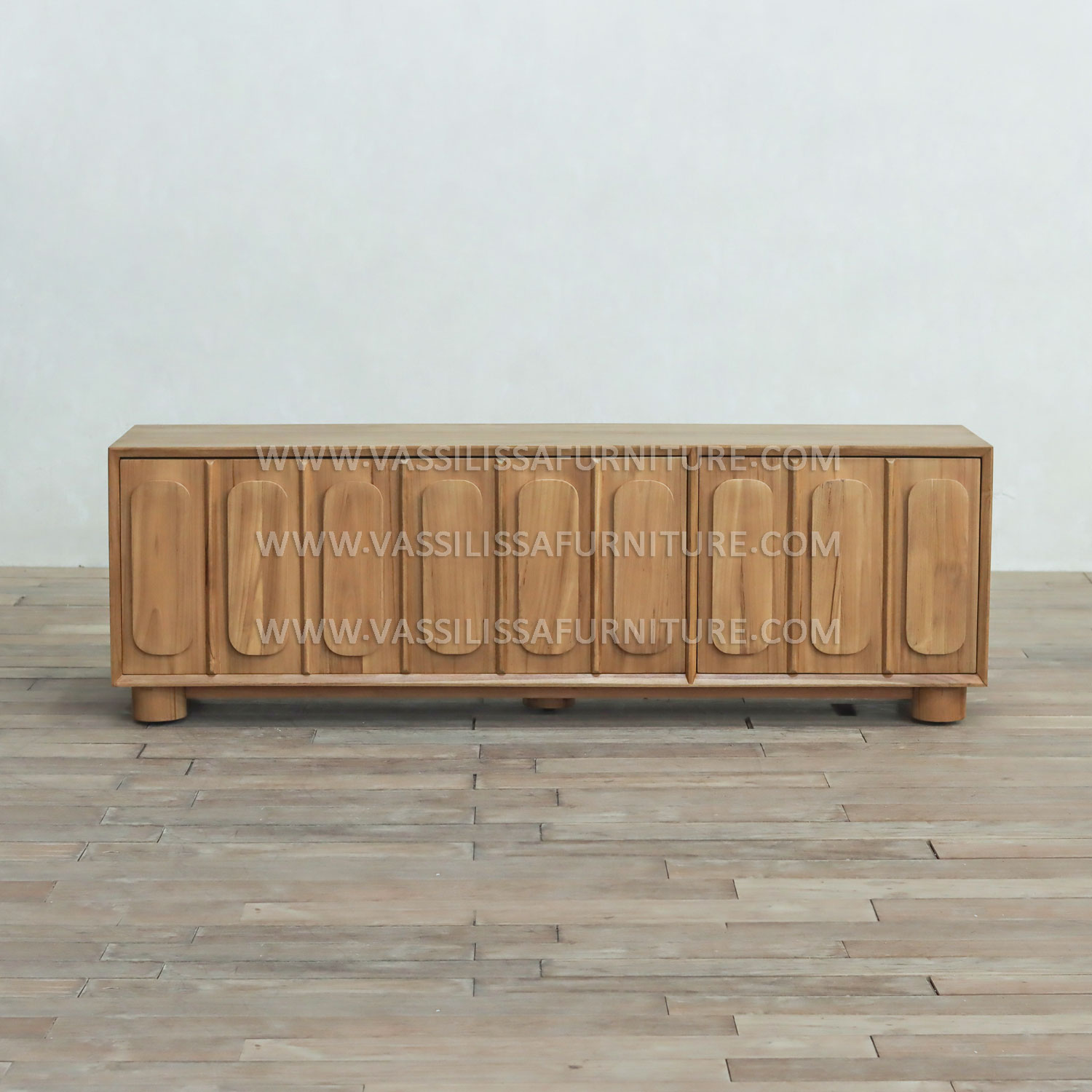 Nora Modern TV Cabinet - Natural Teak Wood with Curved Decorative Panels and Open Shelving for Contemporary Interiors