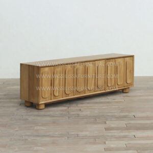 Nora Modern TV Cabinet - Natural Teak Wood with Curved Decorative Panels and Open Shelving for Contemporary Interiors