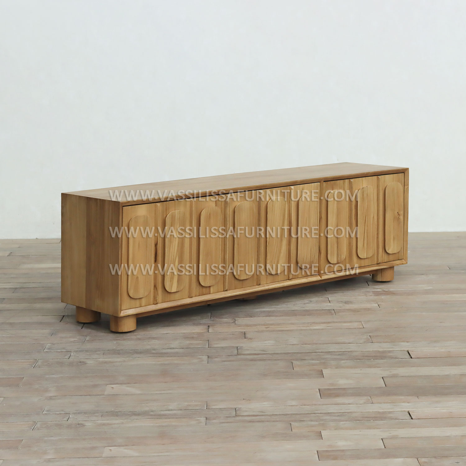 Nora Modern TV Cabinet - Natural Teak Wood with Curved Decorative Panels and Open Shelving for Contemporary Interiors