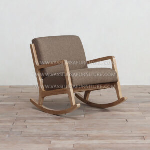 Neil Modern Rocking Armchair - Natural Teak Wood Frame with Gray Upholstered Seat and Curved Armrests for Mid-Century Interiors