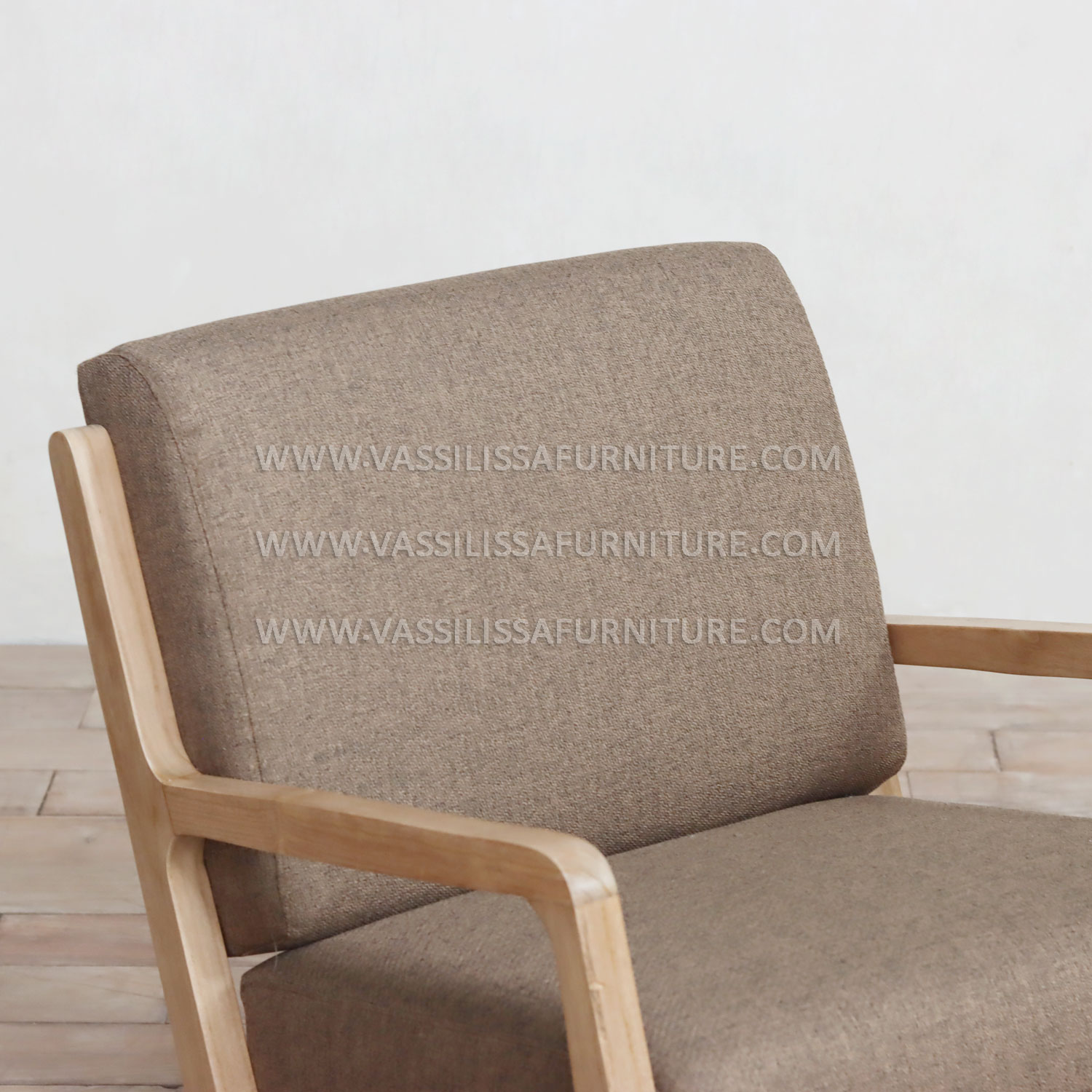 Neil Modern Rocking Armchair - Natural Teak Wood Frame with Gray Upholstered Seat and Curved Armrests for Mid-Century Interiors