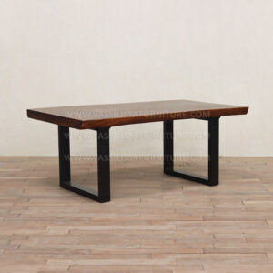 Rosalie natural suar wood dining table with walnut finish and black metal base | contemporary industrial dining furniture
