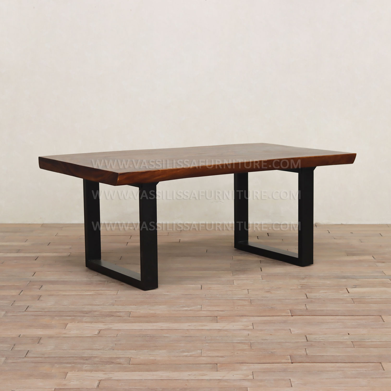 Rosalie natural suar wood dining table with walnut finish and black metal base | contemporary industrial dining furniture