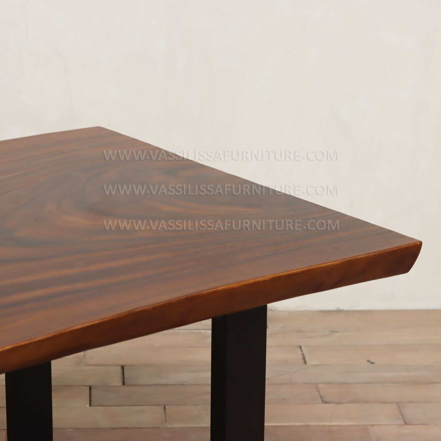 Rosalie natural suar wood dining table with walnut finish and black metal base | contemporary industrial dining furniture
