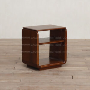 Savai walnut bedside table with curved sides and open shelf storage | mid-century modern nightstand contemporary bedroom furniture