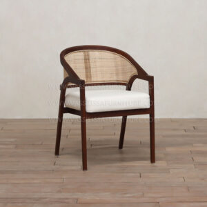 Severo contemporary armchair with walnut frame woven rattan back and upholstered white seat | modern dining chair design