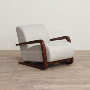 Saul contemporary armchair with walnut frame and curved upholstered seat | sculptural lounge chair modern living room