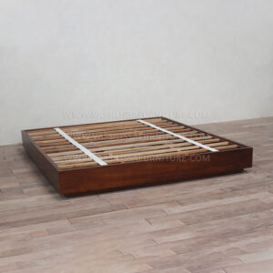 Tanno solid teak bed with walnut finish and wooden slatted support | minimalist platform bed frame contemporary bedroom furniture