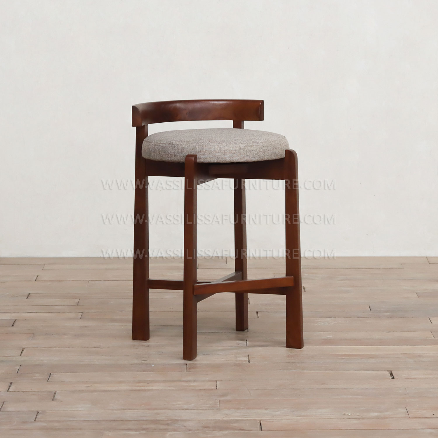 Uriel walnut high chair with curved backrest and upholstered seat | mid-century modern counter stool for kitchens and bars